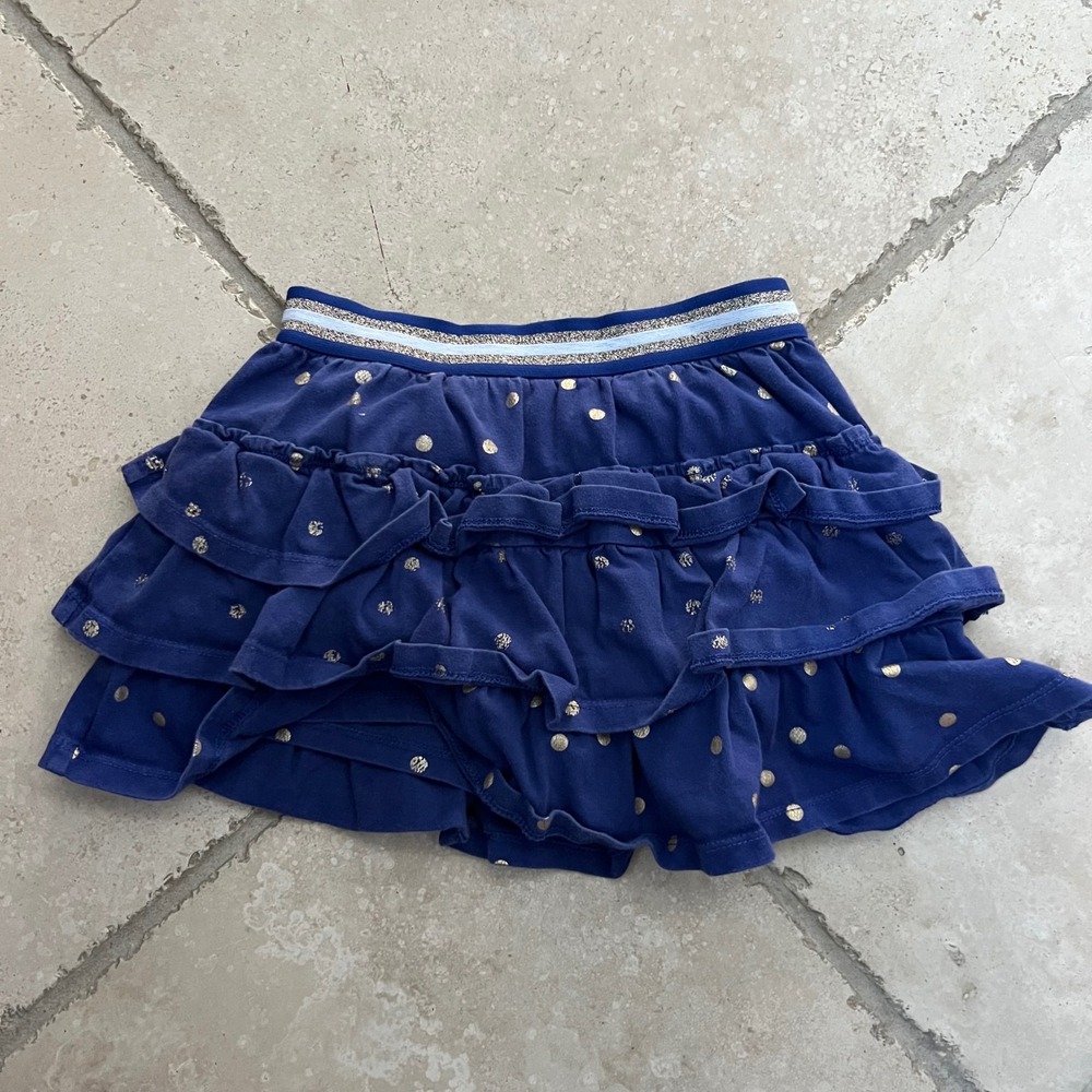 Mini Boden Girls 6-7Y Skirt Navy Gold Metallic Polka Dot Tiered Ruffle Skort
